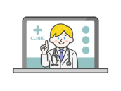 パソコンでオンライン診療する、聴診器をつけた、白人の男性医師（線画カラー）の無料イラスト