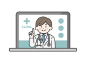 パソコンでオンライン診療する、聴診器をつけた、男性医師（線画カラー）の無料イラスト