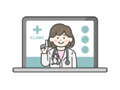 パソコンでオンライン診療する、聴診器をつけた、女性医師（線画カラー）の無料イラスト