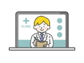 パソコンでオンライン診療する、カルテを持った、白人の男性医師（線画カラー）の無料イラスト