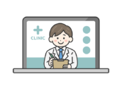 パソコンでオンライン診療する、カルテを持った、男性医師（線画カラー）の無料イラスト