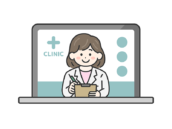 パソコンでオンライン診療する、カルテを持った、女性医師（線画カラー）の無料イラスト