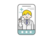 スマートフォンでオンライン診療する、白人の男性医師（線画カラー）の無料イラスト