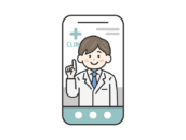 スマートフォンでオンライン診療する、男性医師（線画カラー）の無料イラスト