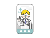 スマートフォンでオンライン診療する、聴診器をつけた、白人の男性医師（線画カラー）の無料イラスト