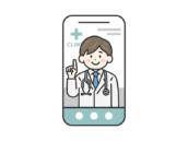 スマートフォンでオンライン診療する、聴診器をつけた、男性医師（線画カラー）の無料イラスト
