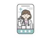 スマートフォンでオンライン診療する、聴診器をつけた、女性医師（線画カラー）の無料イラスト
