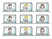 パソコンでオンライン診療する、医師（線画カラー）の無料イラストセット