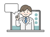 パソコンのオンライン診療で説明する、男性医師（線画カラー）の無料イラスト