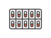 パックに入った、カプセル錠剤のアイコン（線画カラー）の無料イラスト