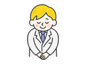 お辞儀をする、白人の男性医師（線画カラー）の無料イラスト