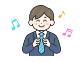 父の日に、ネクタイをプレゼントされて喜ぶ、スーツを着た男性（線画カラー）の無料イラスト