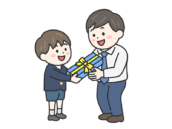 父の日に、父親にプレゼントを渡す、男の子（線画カラー）の無料イラスト