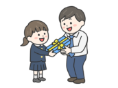 父の日に、父親にプレゼントを渡す、女の子（線画カラー）の無料イラスト