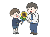 父の日に、父親に向日葵の花を渡す、男の子（線画カラー）の無料イラスト