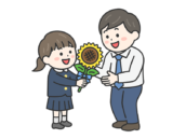 父の日に、父親に向日葵の花を渡す、女の子（線画カラー）の無料イラスト