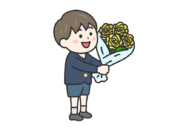 父の日に、黄色の薔薇の花束を渡す、男の子（線画カラー）の無料イラスト