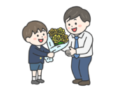 父の日に、父親に黄色の薔薇の花束を渡す、男の子（線画カラー）の無料イラスト