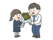父の日に、父親に黄色の薔薇の花束を渡す、女の子（線画カラー）の無料イラスト