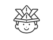 折り紙で作った、兜をかぶった男の子のアイコン（線画）の無料イラスト
