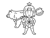 まさかりかついだ、金太郎と熊（線画）の無料イラスト