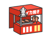 イカ焼きの、お祭り屋台（線画カラー）の無料イラスト