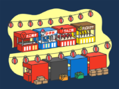 夜のお祭り屋台（線画カラー）の無料イラスト