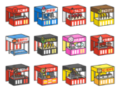 お祭り屋台（線画カラー）の無料イラストセット