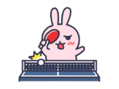 卓球でネットインする、うさぎ（線画カラー）の無料イラスト【卓球うさぎシリーズ】