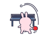 卓球でロビングをする、うさぎ（線画カラー）の無料イラスト【卓球うさぎシリーズ】