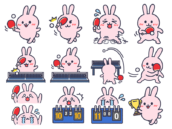 いろいろなシーンの、卓球うさぎ（線画カラー）の無料イラストセット【卓球うさぎシリーズ】