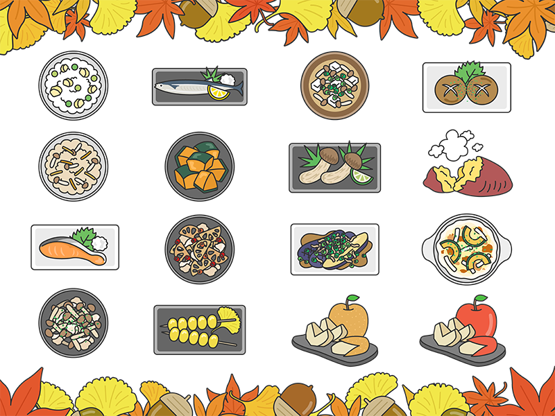 秋の味覚(線画カラー)の無料イラストセット|秋の料理コレクション