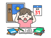 夏休み最終日｜宿題に追われて頭を抱える、小学生の女の子の無料イラスト（8月31日）