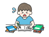 テスト前日｜焦りながら試験勉強をして、辛い男性の無料イラスト