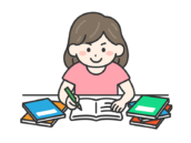 受験勉強｜やる気を出して、机で試験勉強する女性の無料イラスト