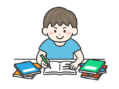 受験勉強｜やる気を出して、机で試験勉強する男性の無料イラスト