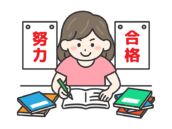 受験勉強｜試験合格に向けて、机で試験勉強する女性の無料イラスト