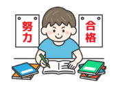 受験勉強｜試験合格に向けて、机で試験勉強する男性の無料イラスト
