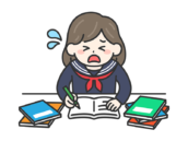テスト前日｜焦りながら試験勉強をする、学生服を着た女性の無料イラスト