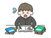 テスト前日｜焦りながら試験勉強をする、学生服を着た男性の無料イラスト