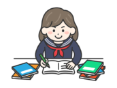 受験勉強｜やる気を出して試験勉強する、学生服を着た女性の無料イラスト