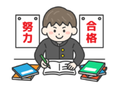 受験勉強｜合格にむけて試験勉強する、学生服を着た男性の無料イラスト