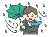 台風の日に傘が裏返ってしまった、スーツの男性の無料イラスト｜強風・大雨・台風の日