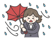 台風の日に傘が裏返ってしまった、スーツの女性の無料イラスト｜強風・大雨・台風の日