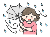 台風の日に傘が裏返ってしまった、私服姿の女性の無料イラスト｜強風・大雨・台風の日