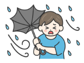 台風の日に傘が裏返ってしまった、私服姿の男性の無料イラスト｜強風・大雨・台風の日
