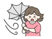 強風で傘が裏返ってしまった、私服姿の女性の無料イラスト｜強風・大雨・台風の日