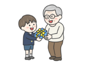 敬老の日に、祖父にプレゼントを渡す、制服を着た男の子の無料イラスト｜敬老の日