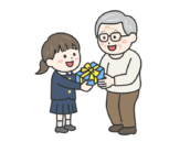 敬老の日に、祖父にプレゼントを渡す、制服を着た女の子の無料イラスト｜敬老の日