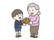 敬老の日に、祖母にプレゼントを渡す、制服を着た男の子の無料イラスト｜敬老の日